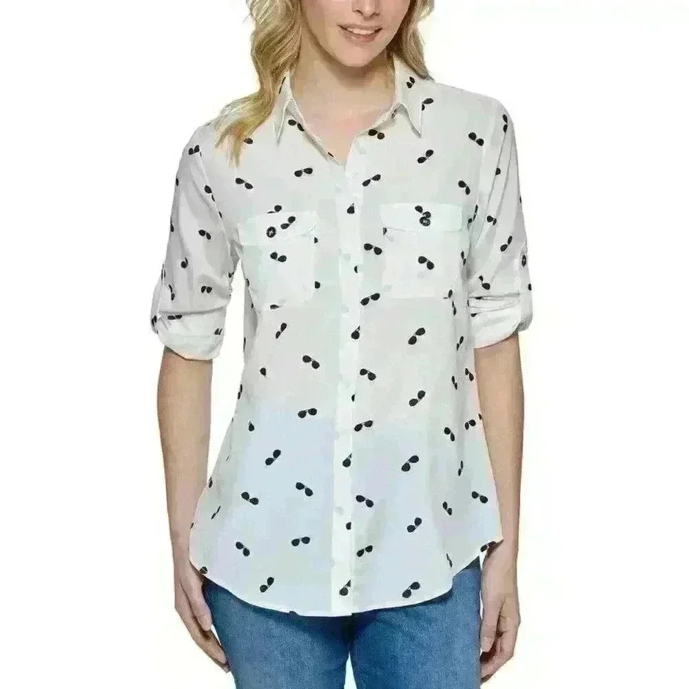 Karl Lagerfeld Sunglasses Button Down‎ Shirt - White Minimalist Aesthetic Size M